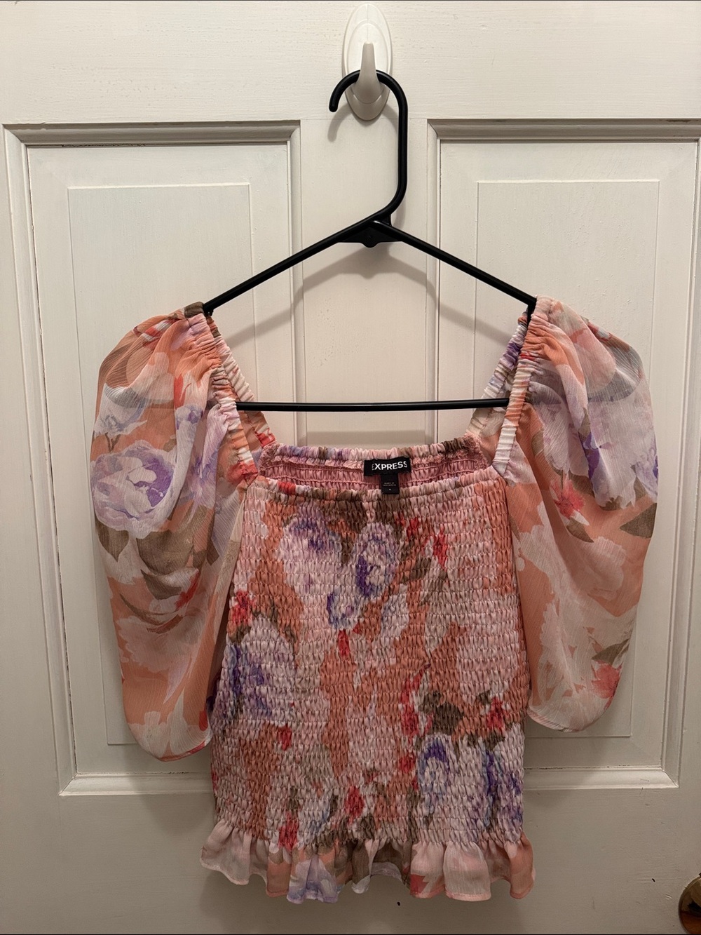 Express Peach Floral Off-Shoulder Smocked Crop Top with Purple Accents